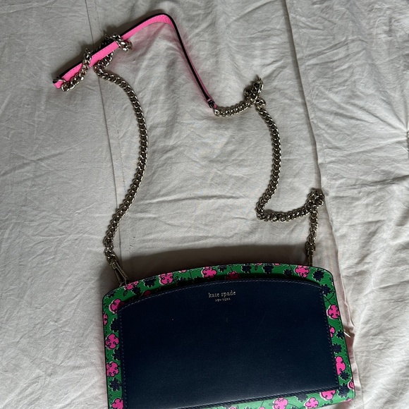 Kate Spade Blue Floral Crossbody Leather Bag Chain Strap Clutch Excellent - Picture 2 of 10